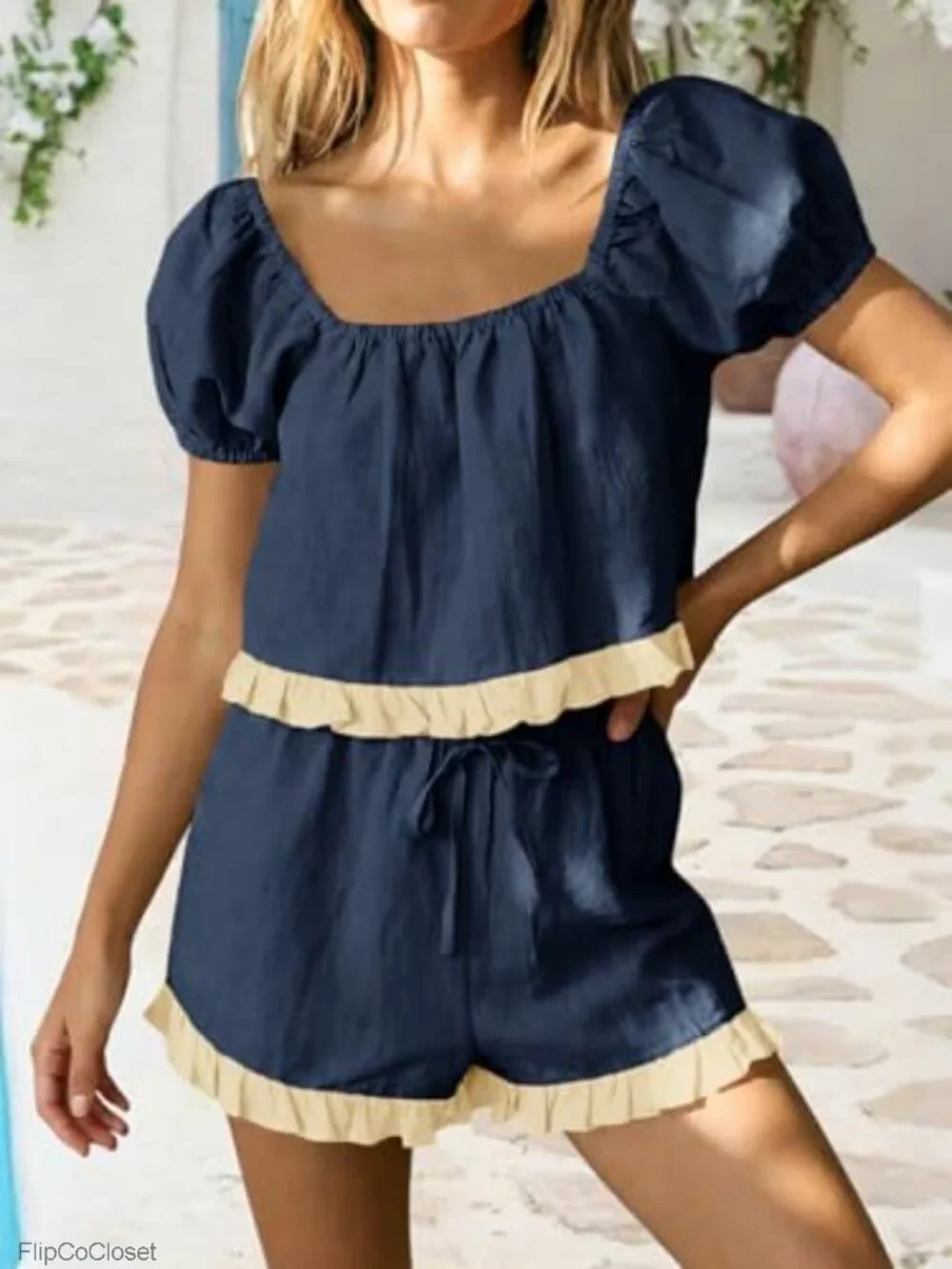 Women's Cotton 2 Piece Short Set Puff Sleeve Square Neck Summer Matching Outfit